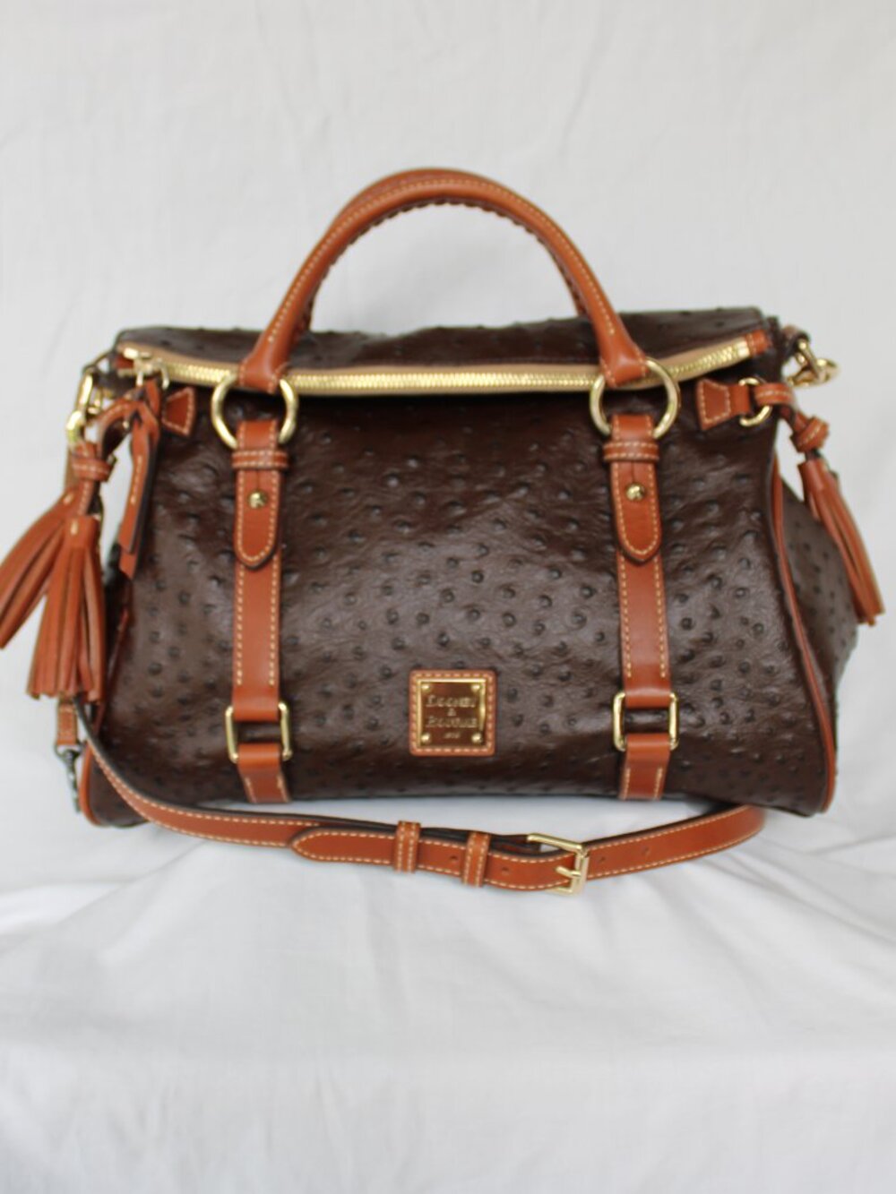 Dooney & Bourke Ostrich brown satchel leather Florentine tassel purse crossbody - Picture 2 of 12